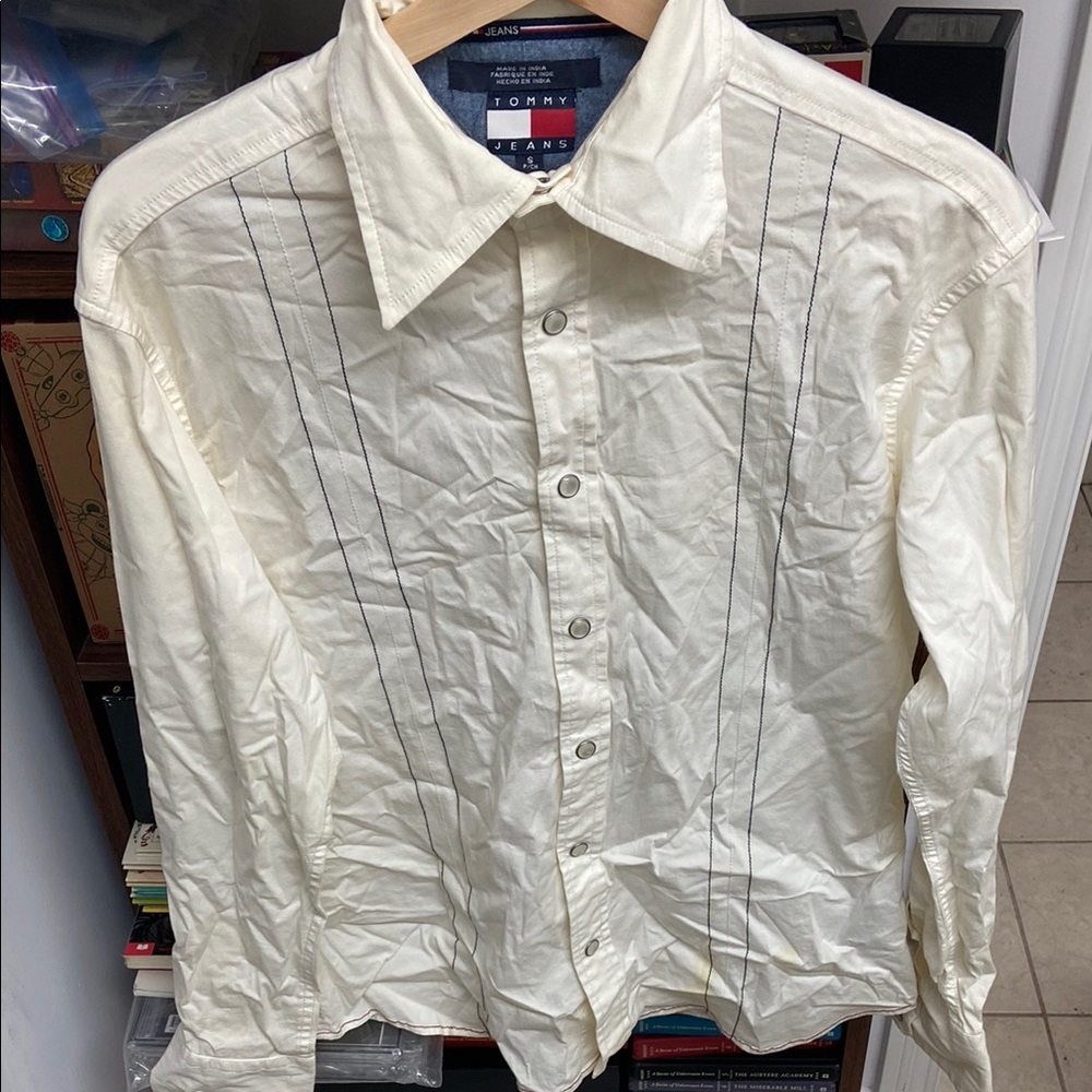 Vintage Tommy Hilfiger Jeans Cream Men's Long Sleeved Button Shirt